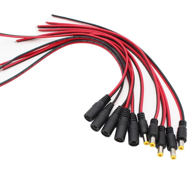 exgoofit 12V 5A DC Power Pigtail Barrel Plug Connector Cable 5 Pairs, 2.1mm x 5.5mm Male Female DC Pigtail Connectors for CCTV Security Camera and 12V Power Supply Adapter - Image 1